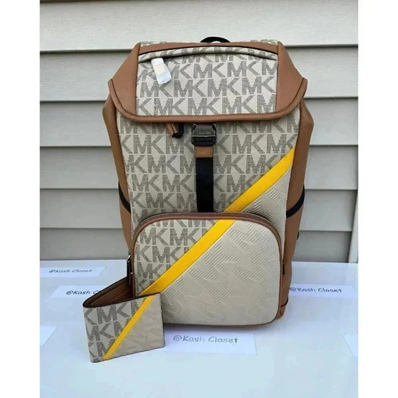 Michael Kors Mens Cooper Backpack Logo Stripe Bag & Wallet Bundle Set Chino